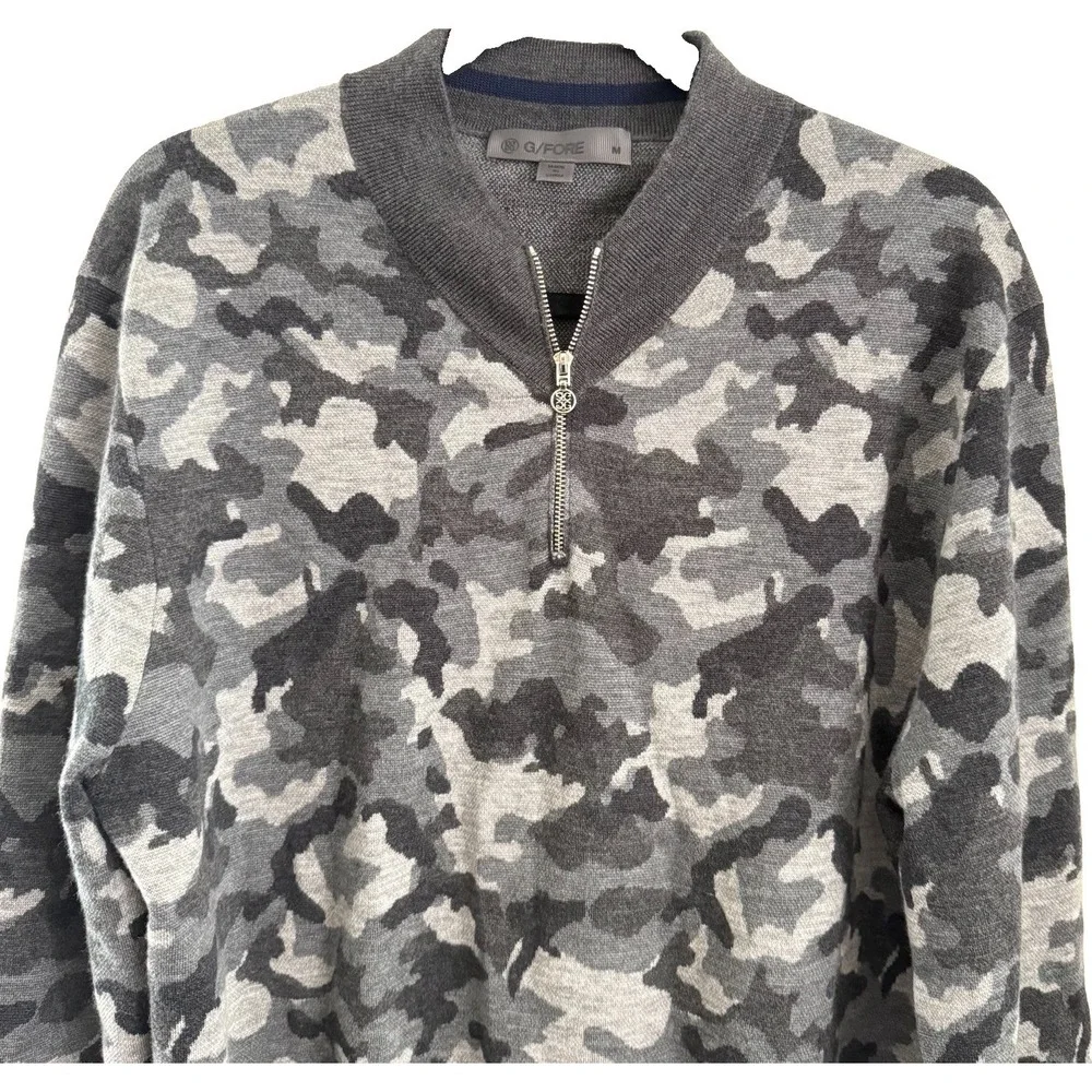 G/Fore 1/4 Zip Sweater Size L in Shades of Gray Camouflage 100% Wool EUC Golf